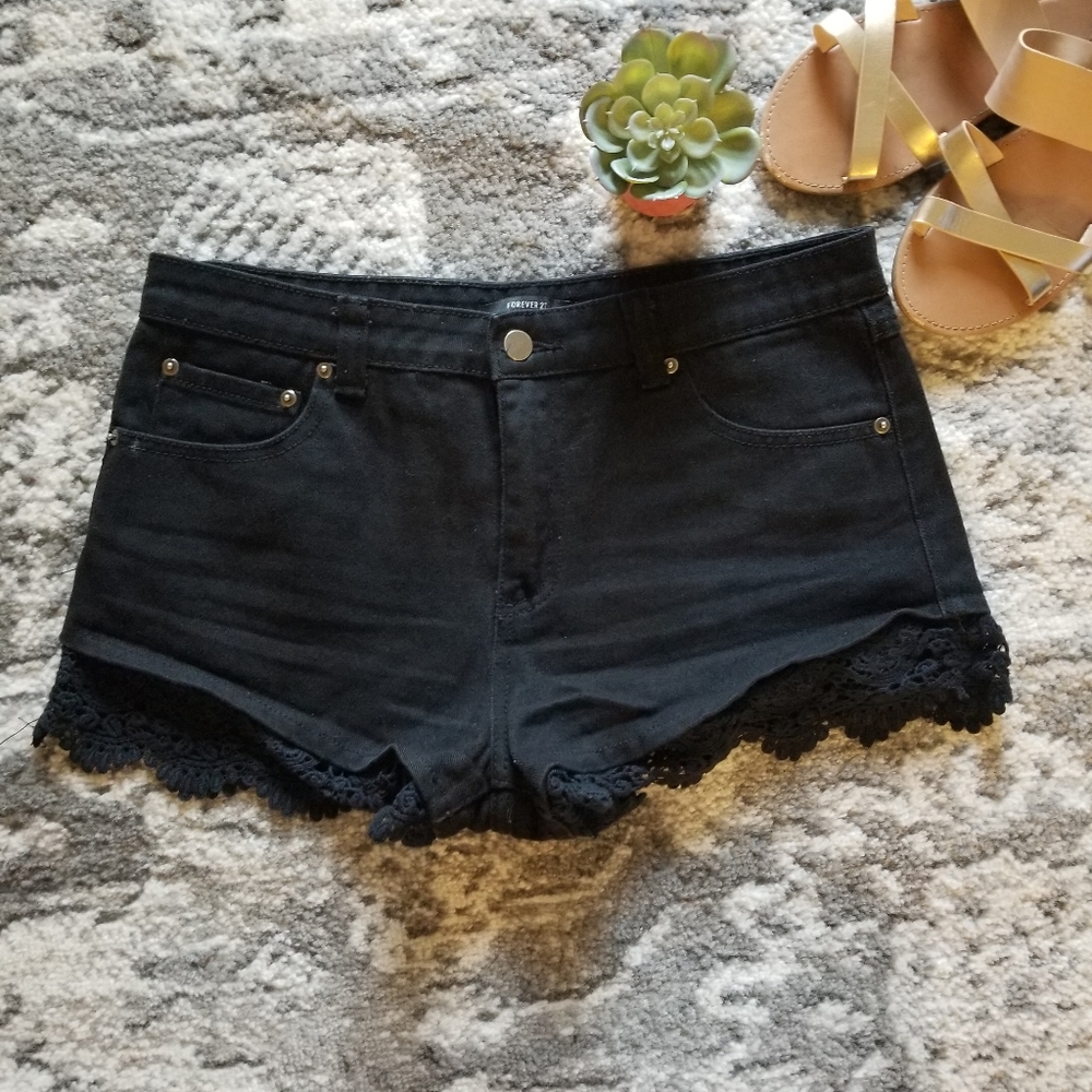 Forever 21 Crochet Hem Mid-Rise Black Shorts
